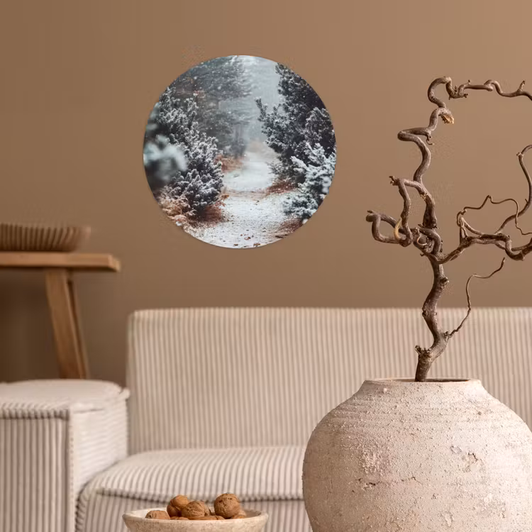 Bos - Winter - Bomen - Natuur - Pad - Sneeuw Wandcirkel behangsticker klein -sfeer1