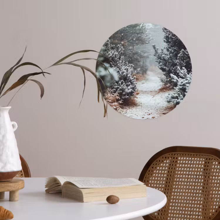 Bos - Winter - Bomen - Natuur - Pad - Sneeuw Wandcirkel behangsticker klein -sfeer3