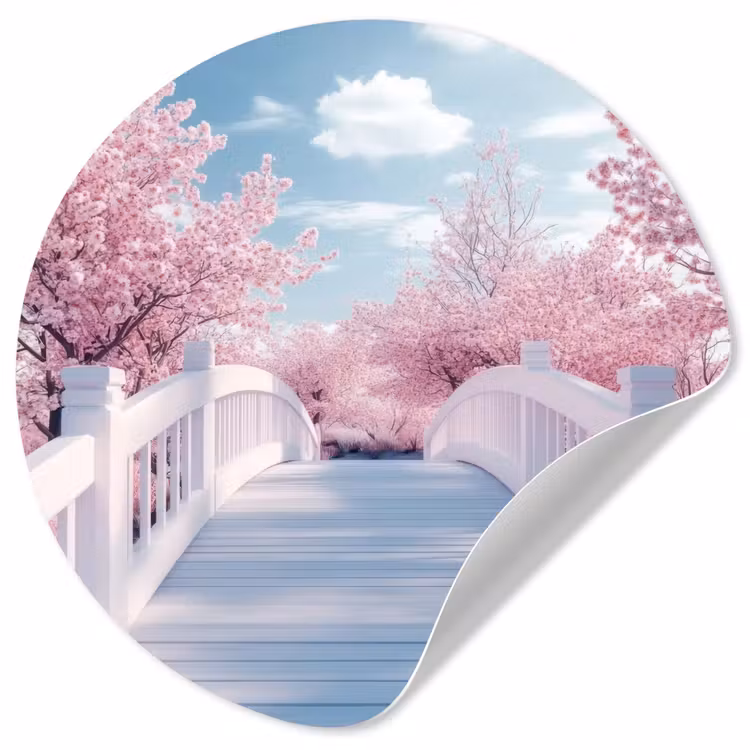 Brug - Kersenbomen - Wit Wandcirkel behangsticker klein -3d