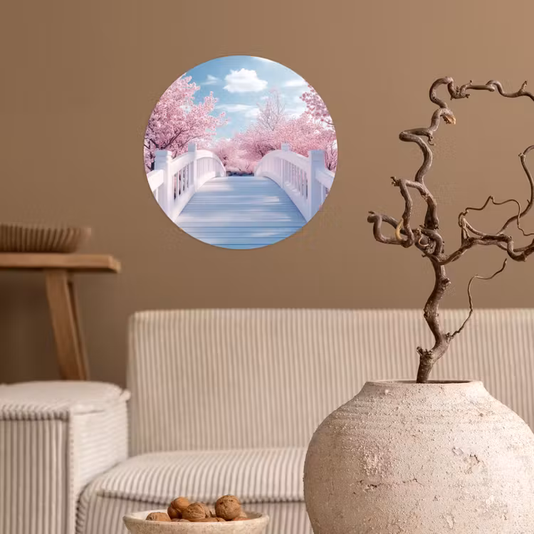 Brug - Kersenbomen - Wit Wandcirkel behangsticker klein -sfeer1