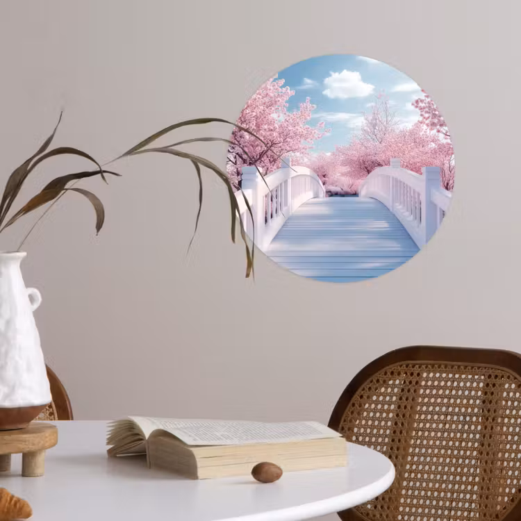 Brug - Kersenbomen - Wit Wandcirkel behangsticker klein -sfeer3