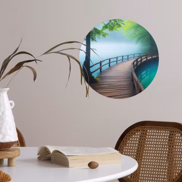 Brug - Water - Rivier - Bos Wandcirkel behangsticker klein -sfeer3
