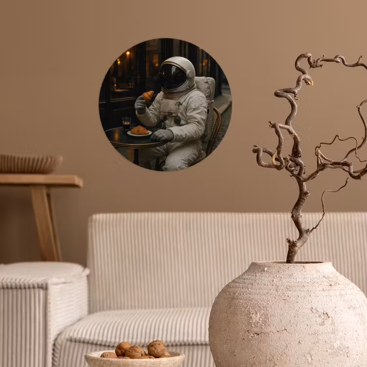 Café - Croissant - Koffie - Astronaut Wandcirkel behangsticker klein -sfeer1