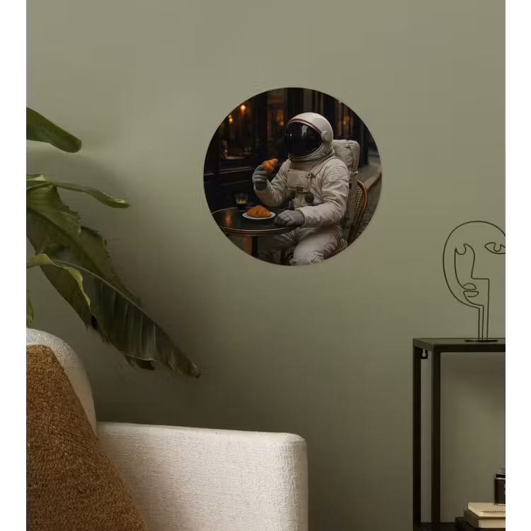 Café - Croissant - Koffie - Astronaut Wandcirkel behangsticker klein -sfeer2