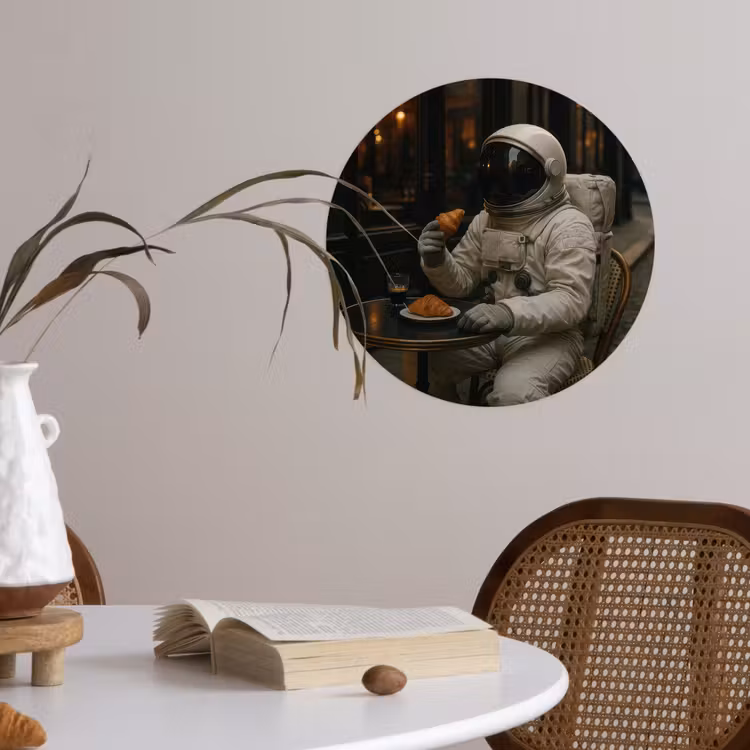 Café - Croissant - Koffie - Astronaut Wandcirkel behangsticker klein -sfeer3
