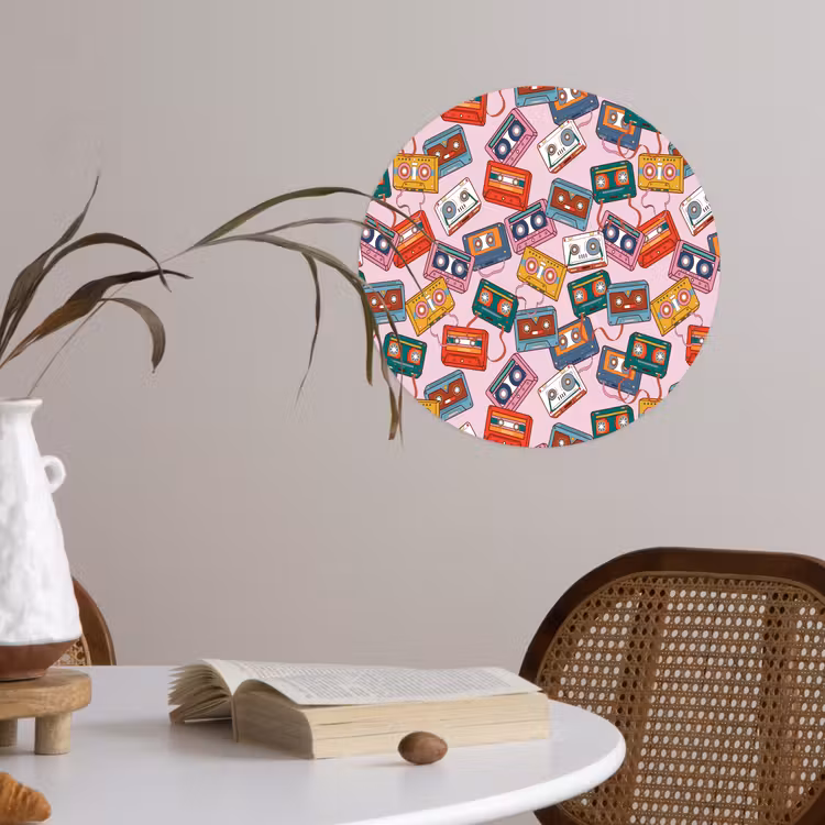 Cassette - Patroon - Roze Wandcirkel behangsticker klein 186 -sfeer3