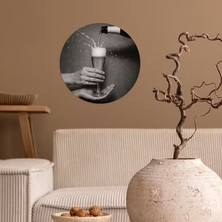 Champagnefles - Glas - Minimalistisch - Spetters Wandcirkel behangsticker klein -sfeer1
