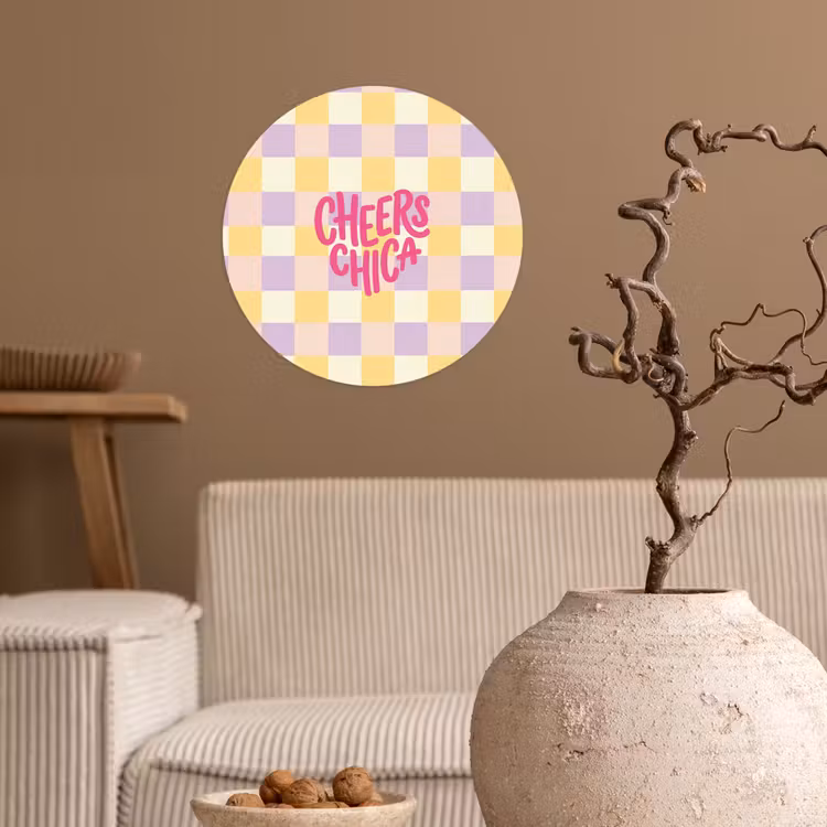 Cheers Chica - Ruitjes - Lila - Geel Wandcirkel behangsticker klein -sfeer1