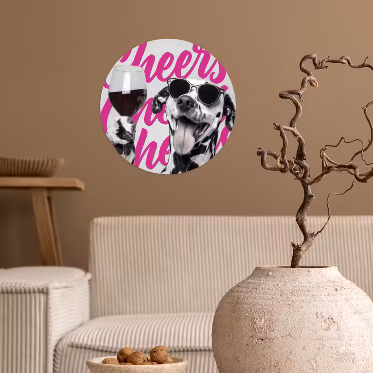Cheers - Hond - Roze - Wijn Wandcirkel behangsticker klein -sfeer1