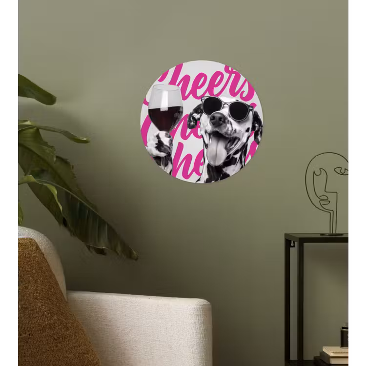 Cheers - Hond - Roze - Wijn Wandcirkel behangsticker klein -sfeer2
