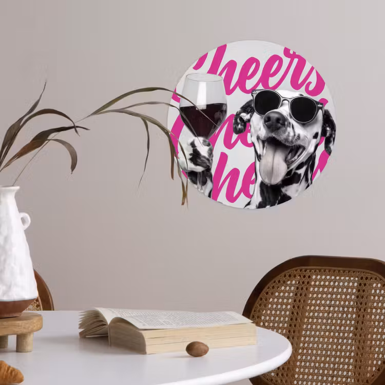 Cheers - Hond - Roze - Wijn Wandcirkel behangsticker klein -sfeer3