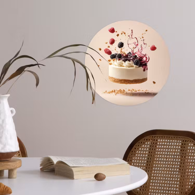 Cheesecake - Eten - Roze - Taart Wandcirkel behangsticker klein -sfeer3