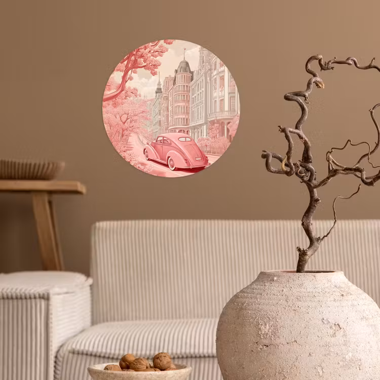 City - Car - Pink Wandcirkel behangsticker klein -sfeer1