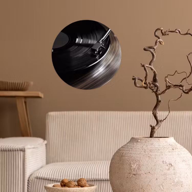 Close-up - Vinylplaat - Platenspeler - Zwart Wandcirkel behangsticker klein -sfeer1