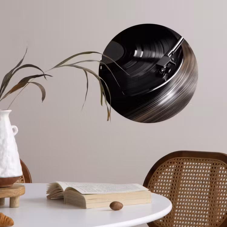 Close-up - Vinylplaat - Platenspeler - Zwart Wandcirkel behangsticker klein -sfeer3