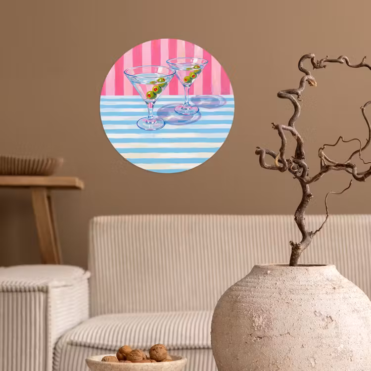 Cocktail - Olijven - Kunst - Modern - Roze Wandcirkel behangsticker klein -sfeer1