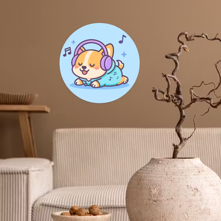 Corgi - Koptelefoon - Blauw - Muzieknoten Wandcirkel behangsticker klein -sfeer1
