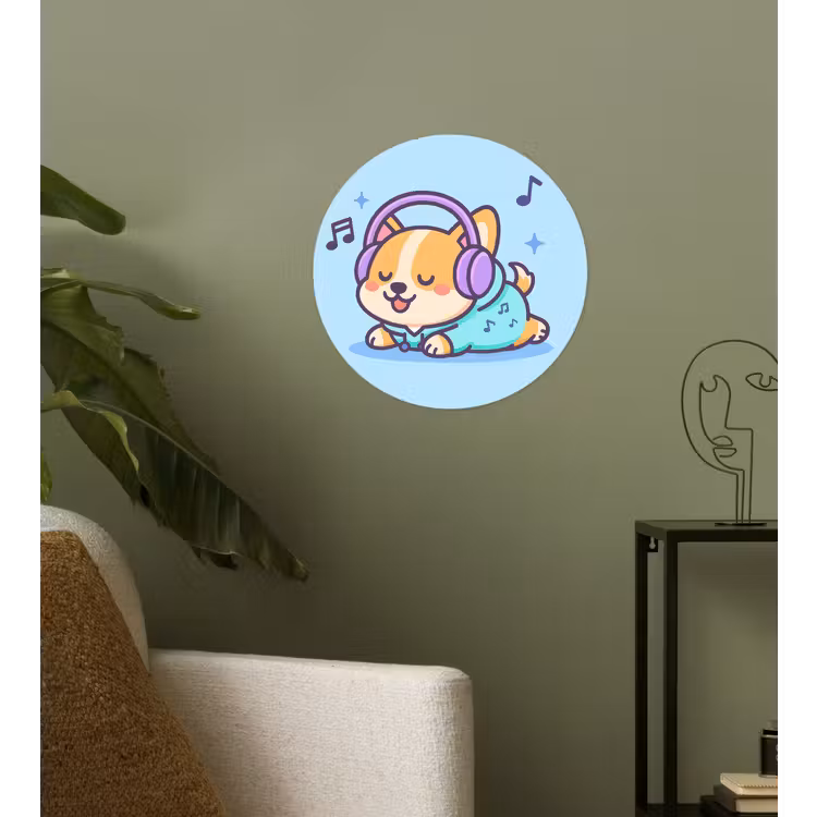 Corgi - Koptelefoon - Blauw - Muzieknoten Wandcirkel behangsticker klein -sfeer2