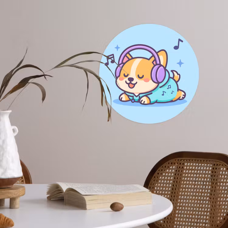 Corgi - Koptelefoon - Blauw - Muzieknoten Wandcirkel behangsticker klein -sfeer3