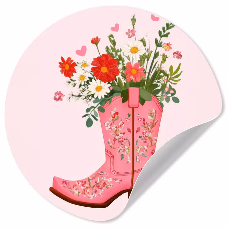 Cowboylaarzen - Roze - Boeket - Bloemen Wandcirkel behangsticker klein -3d