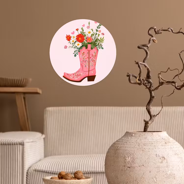 Cowboylaarzen - Roze - Boeket - Bloemen Wandcirkel behangsticker klein -sfeer1