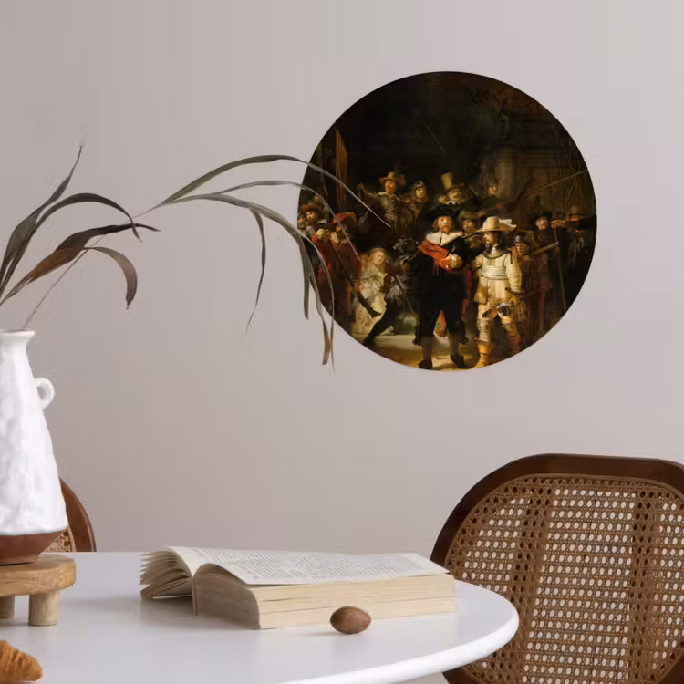 De Nachtwacht - Schilderij van Rembrandt van Rijn Wandcirkel behangsticker klein -sfeer3