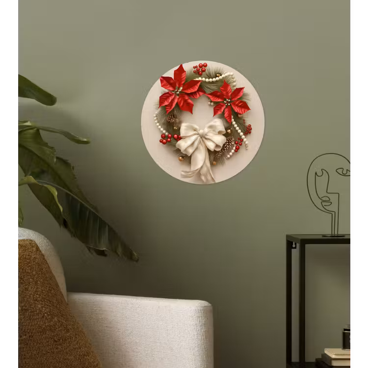 Deurkrans - Strik - Kerst - Rood - Groen Wandcirkel behangsticker klein -sfeer2