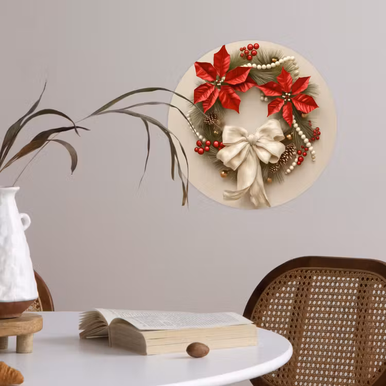 Deurkrans - Strik - Kerst - Rood - Groen Wandcirkel behangsticker klein -sfeer3