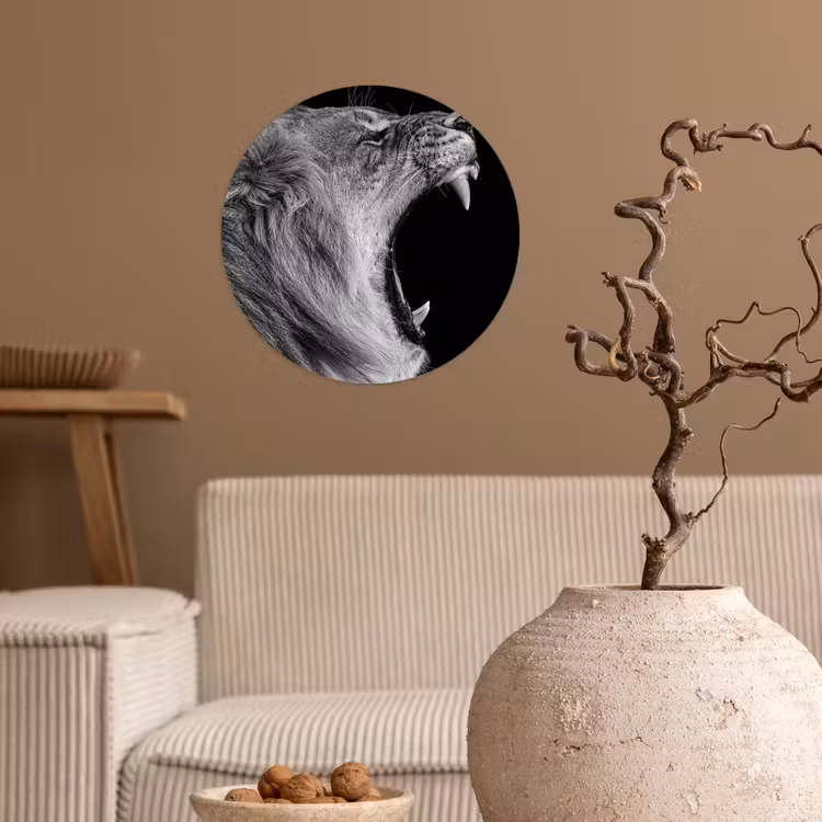 Dieren - Leeuw - Zwart - Wit - Portret Wandcirkel behangsticker klein -sfeer1