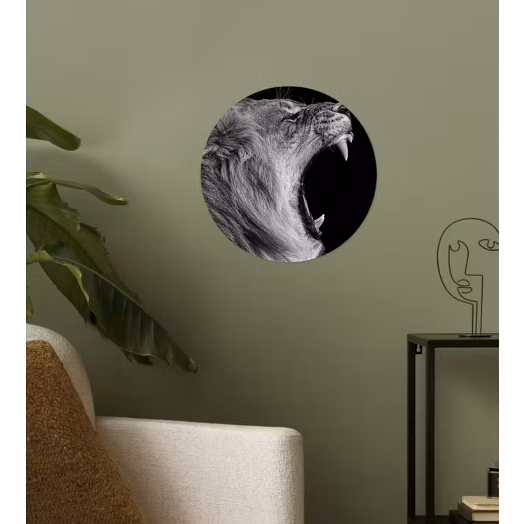 Dieren - Leeuw - Zwart - Wit - Portret Wandcirkel behangsticker klein -sfeer2