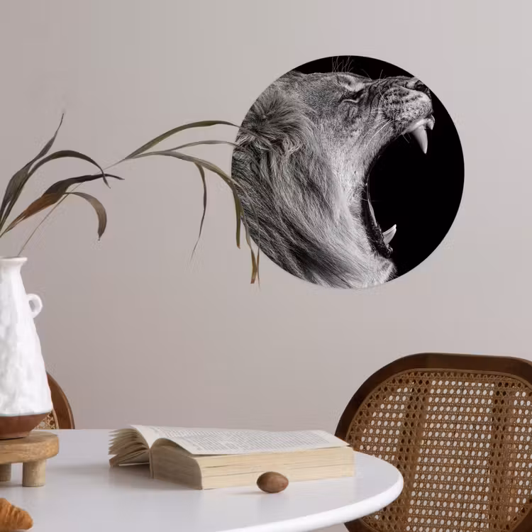 Dieren - Leeuw - Zwart - Wit - Portret Wandcirkel behangsticker klein -sfeer3