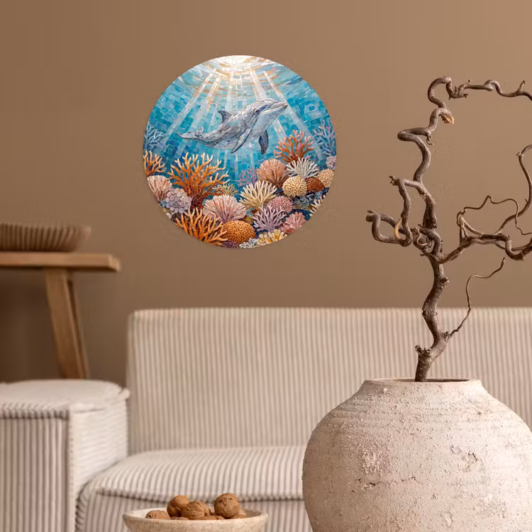 Dieren - Mozaïek - Oceaan - Koraal - Blauw Wandcirkel behangsticker klein -sfeer1