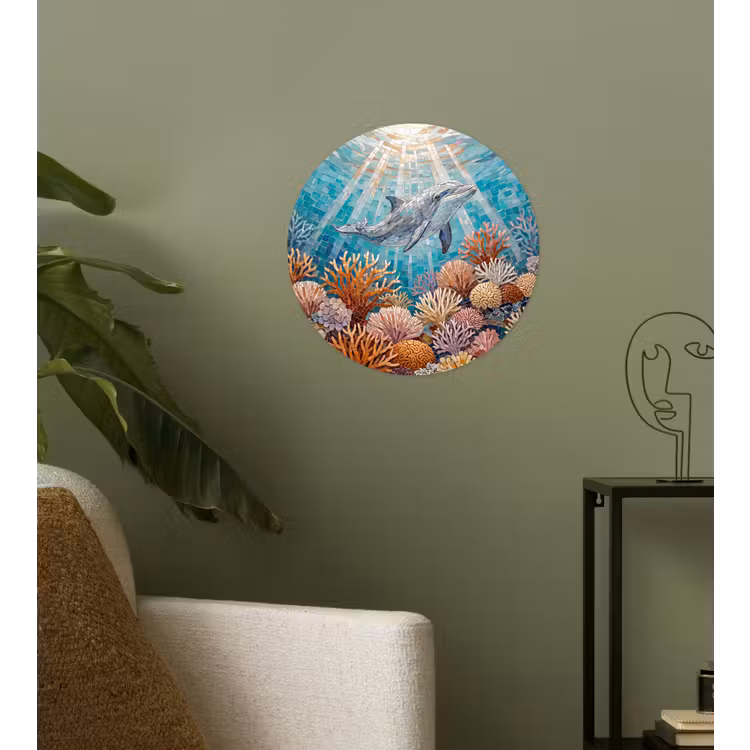 Dieren - Mozaïek - Oceaan - Koraal - Blauw Wandcirkel behangsticker klein -sfeer2