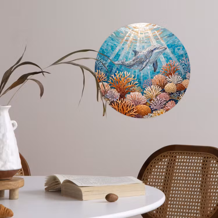 Dieren - Mozaïek - Oceaan - Koraal - Blauw Wandcirkel behangsticker klein -sfeer3