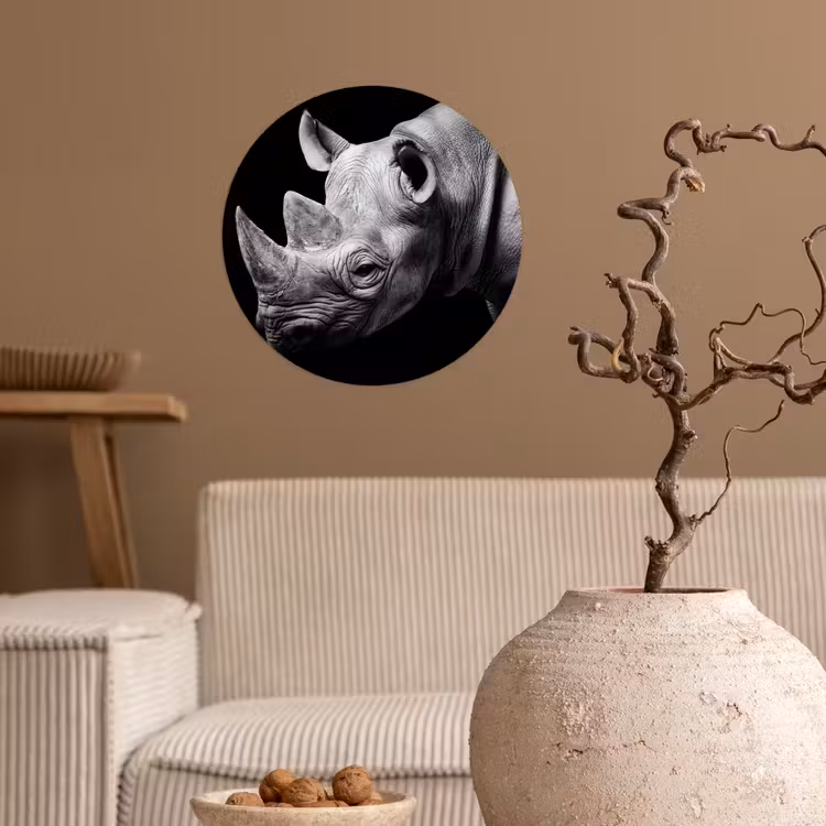 Dieren - Neushoorn - Zwart - Wit - Portret Wandcirkel behangsticker klein -sfeer1