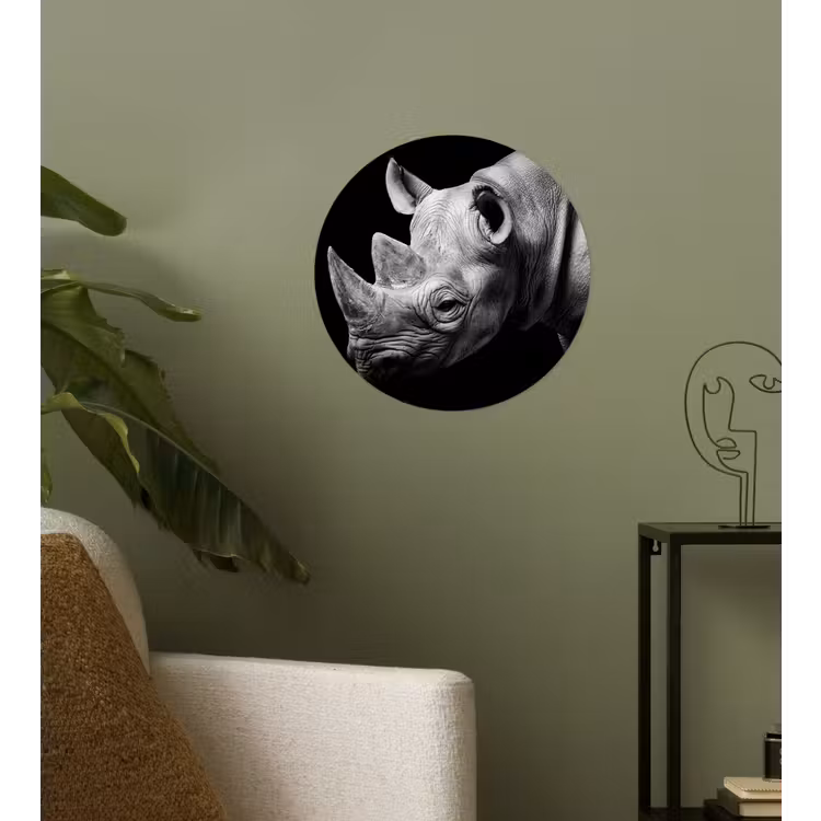 Dieren - Neushoorn - Zwart - Wit - Portret Wandcirkel behangsticker klein -sfeer2