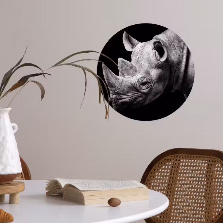 Dieren - Neushoorn - Zwart - Wit - Portret Wandcirkel behangsticker klein -sfeer3