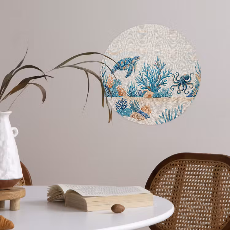 Dieren - Onderwater - Natuur - Mozaïek - Blauw Wandcirkel behangsticker klein -sfeer3
