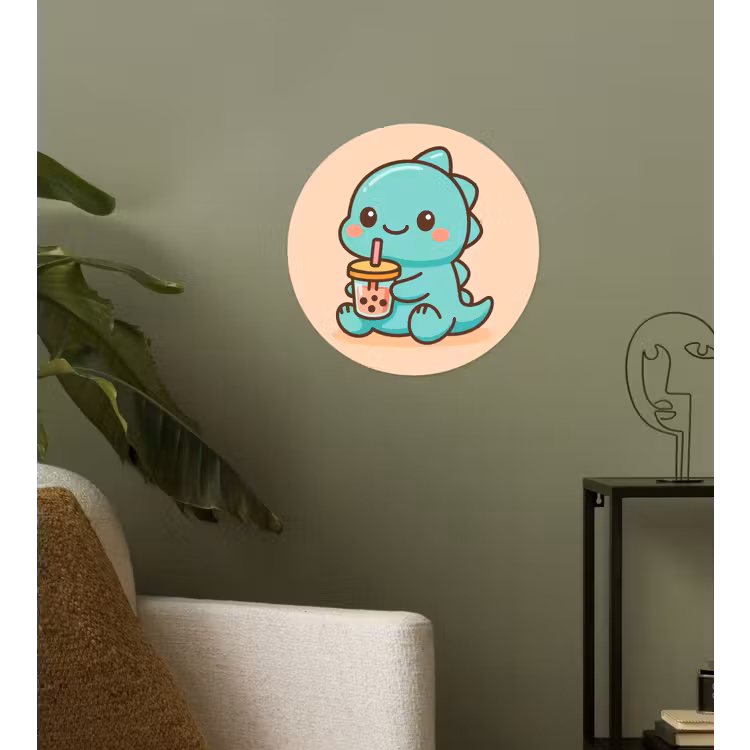 Dino - Boba - kawaii - Oranje Wandcirkel behangsticker klein -sfeer2