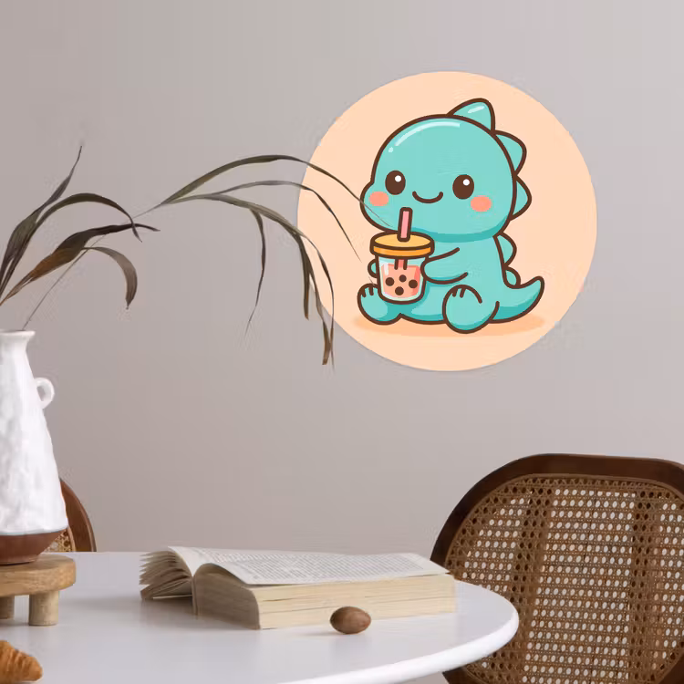 Dino - Boba - kawaii - Oranje Wandcirkel behangsticker klein -sfeer3