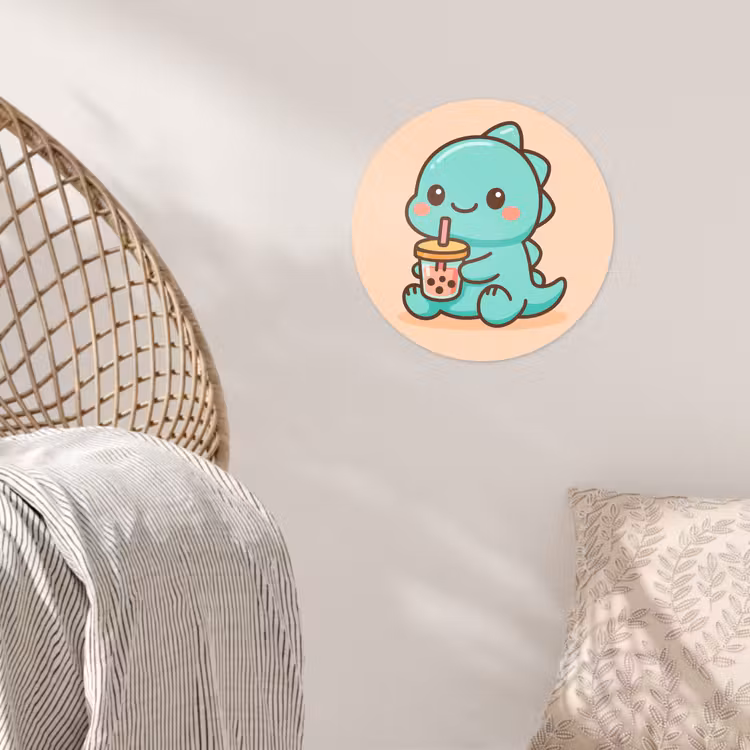 Dino - Boba - kawaii - Oranje Wandcirkel behangsticker klein -sfeer4