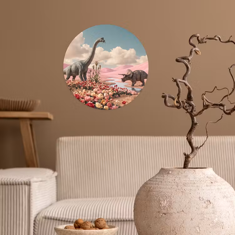 Behangcirkel - Dinosaurus - Roze - Landschap - Dinosaurus - Roze - Landschap Wandcirkel behangsticker klein
