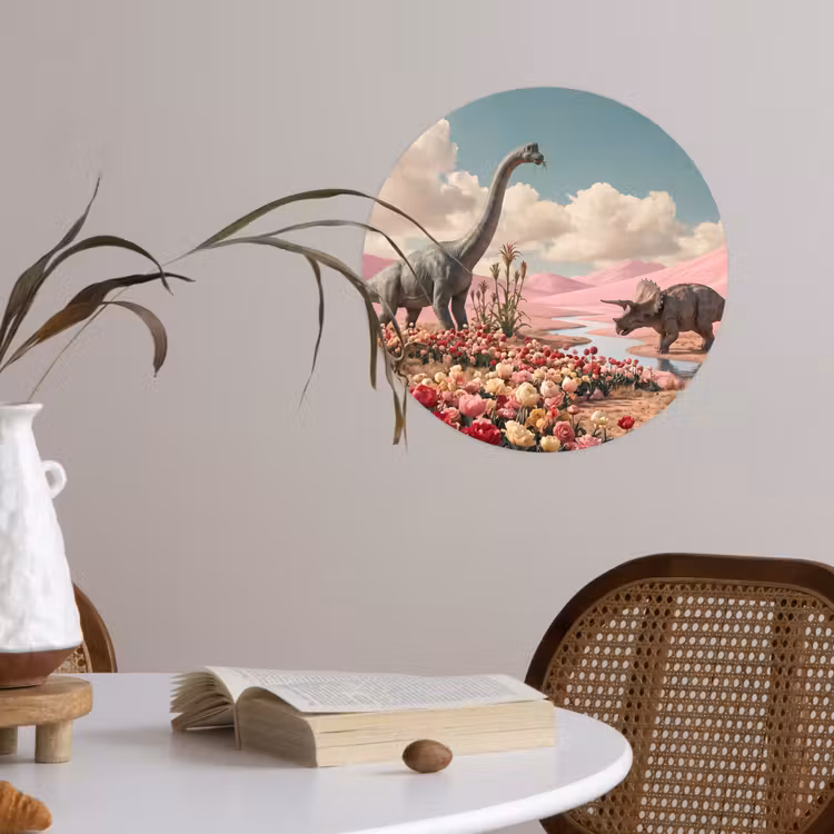 Behangcirkel - Dinosaurus - Roze - Landschap - Dinosaurus - Roze - Landschap Wandcirkel behangsticker klein
