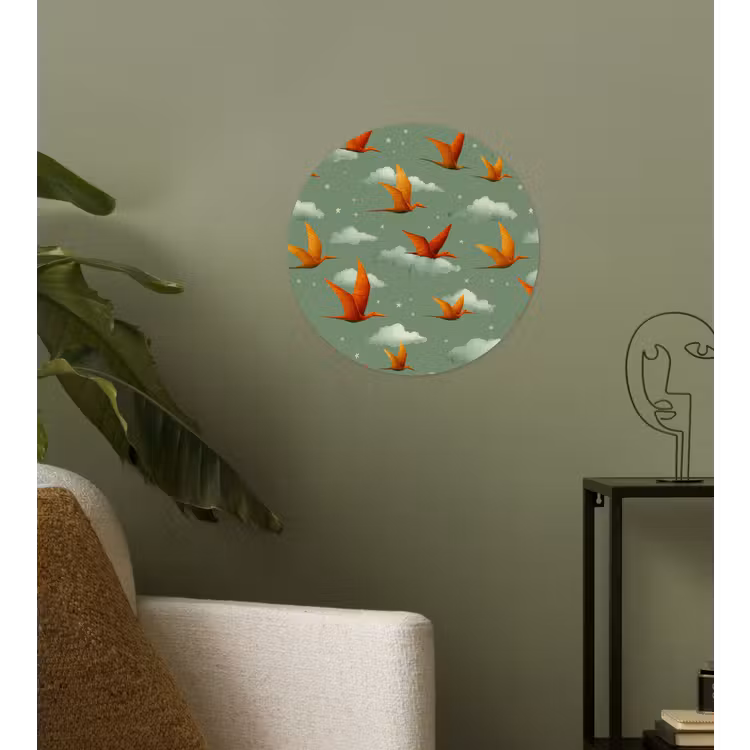 Dinosaurussen - Wolken - Sterren - Oranje Wandcirkel behangsticker klein -sfeer2