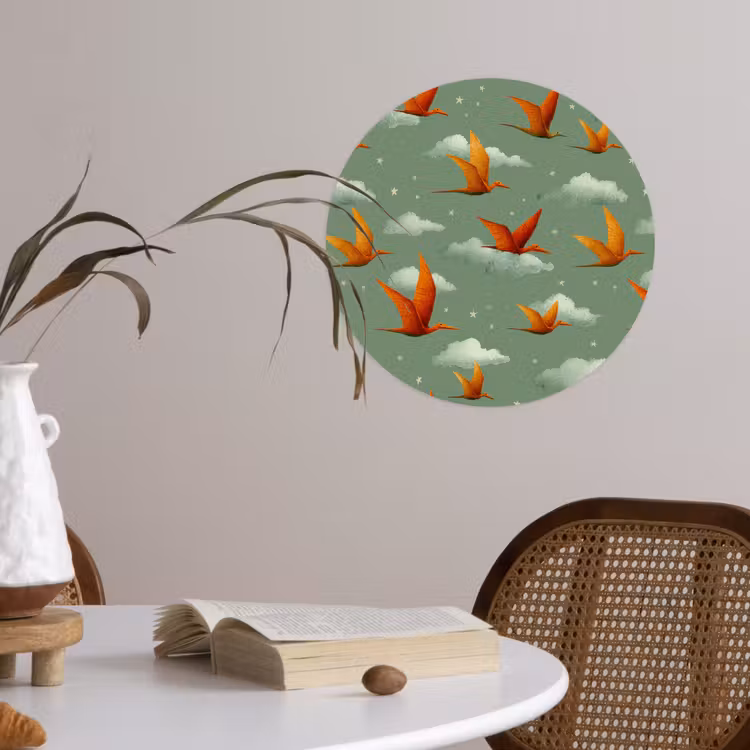 Dinosaurussen - Wolken - Sterren - Oranje Wandcirkel behangsticker klein -sfeer3