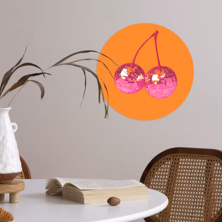 Discoballen - Kers - Spiegels - Roze Wandcirkel behangsticker klein -sfeer3
