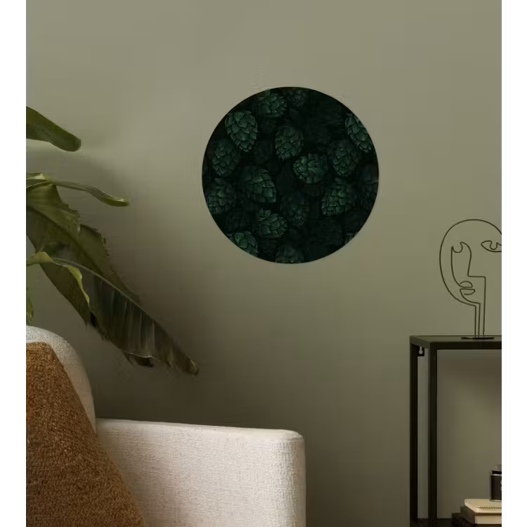 Donker - Groen - Hopbellen - Botanisch - Illustratie Wandcirkel behangsticker klein 186 -sfeer2