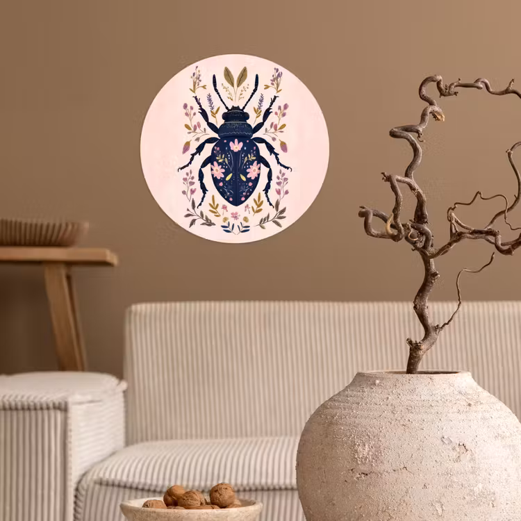 Donkerblauw - Kever - Bloemtakken - Sierlijk Wandcirkel behangsticker klein -sfeer1