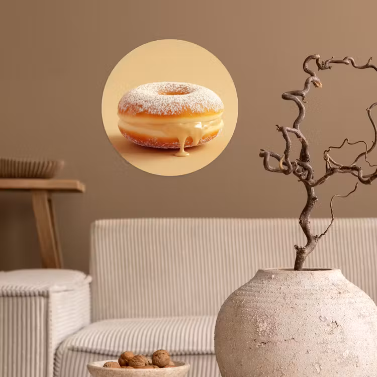 Donut - Romig - Poedersuiker - Beige Wandcirkel behangsticker klein -sfeer1