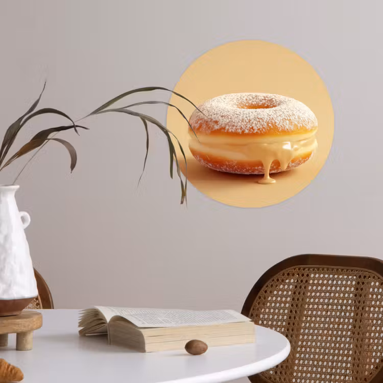 Donut - Romig - Poedersuiker - Beige Wandcirkel behangsticker klein -sfeer3